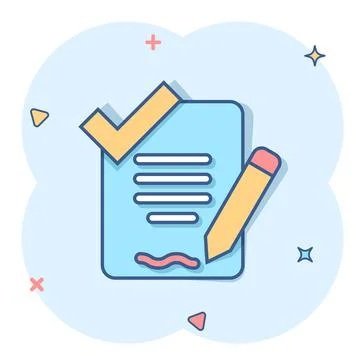 Document checklist icon in comic style. Report cartoon vector illustration on Illustrazione stock