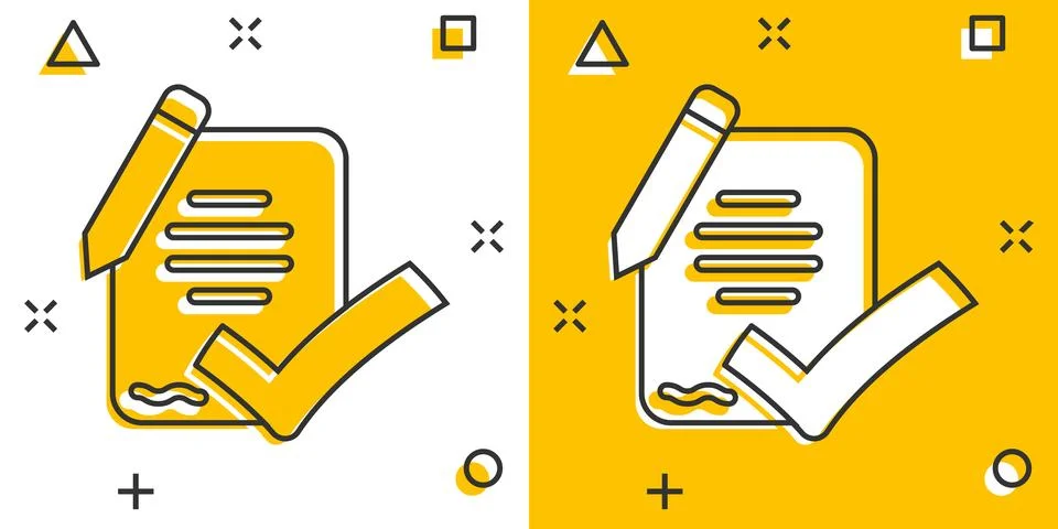 Document checklist icon in comic style. Report cartoon vector illustration .. Illustrazione stock