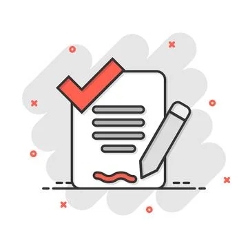 Document checklist icon in comic style. Report cartoon vector illustration .. Illustrazione stock