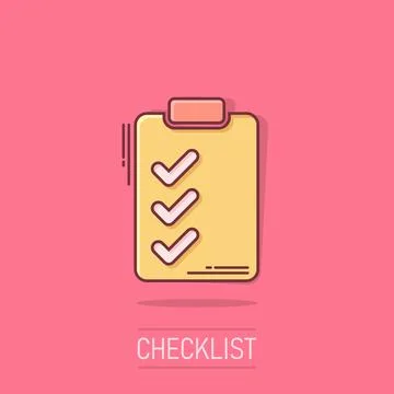 Document checklist icon in comic style. Report cartoon vector illustration .. Illustrazione stock