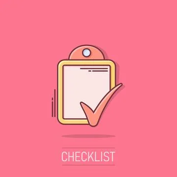 Document checklist icon in comic style. Report cartoon vector illustration .. Illustrazione stock