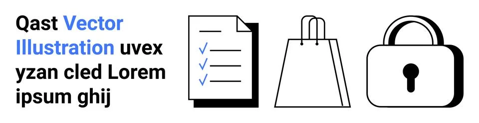 Document Checklist, Shopping, and Security Lock Icon Set Concept for E-commerce Stock Illustration