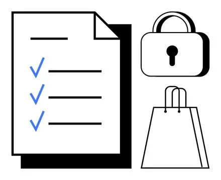 Document with checklist of three items, padlock symbolizing security, and sho Illustrazione stock