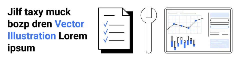 Document with checkmarks, wrench, and analytics chart with bar graph and line 스톡 일러스트