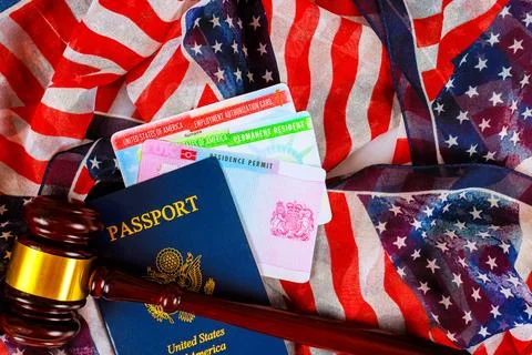 Document collection for immigration process in United States on an American.. Foto stock