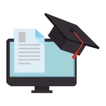 Document with computer and hat graduation Stock Illustration