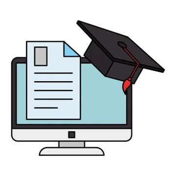 Document with computer and hat graduation Stock Illustration