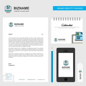 Document in computer Business Letterhead, Calendar 2019 and Mobile app design Stock Illustration
