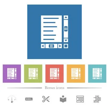 Document with content and scroll bars flat white icons in square backgrounds Stock Illustration