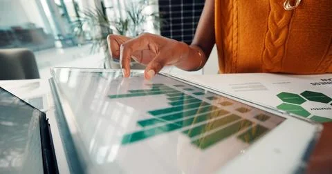 Document, data and hands with tablet screen in office, above and risk manag.. Stock Photos