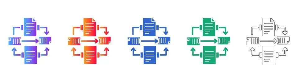 Document Data Flow Process Icon Set Stock Illustration