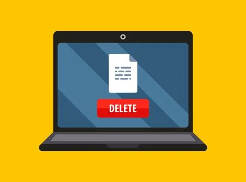 The document is deleted on the laptop screen. red button delete file. Stock Illustration