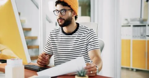 Document, designer or creative man on computer in startup for artistic project 스톡 사진