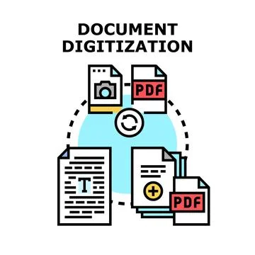 Document digitization process transforming paper into digital files Stock Illustration