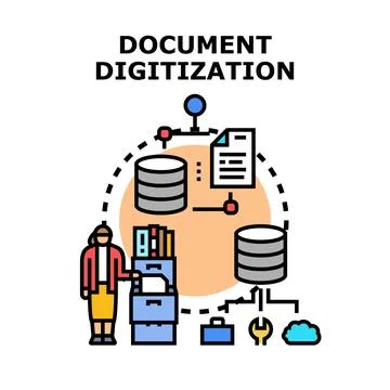 Document digitization process transforming paper files into digital archives Illustrazione stock