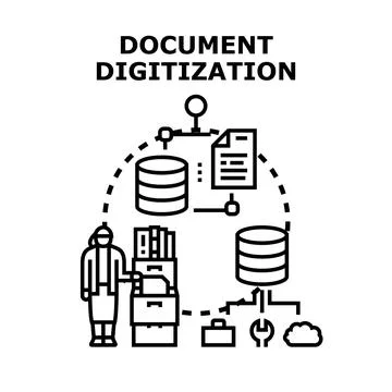 Document digitization process transforming paper files into digital archives Stock Illustration