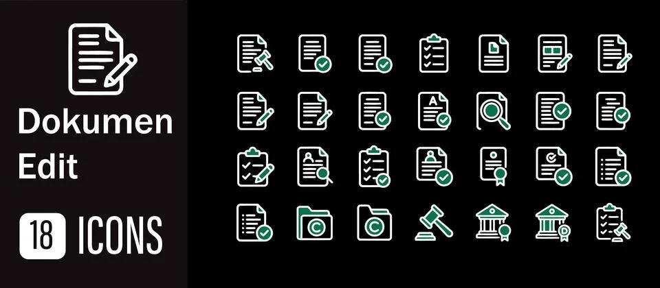 Document editing icon set, with various symbols for legal, verification, se.. Ilustración de archivo