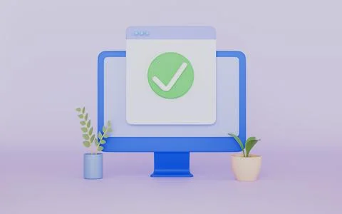 Document file with approved check mark on computer screen, Confirmed online Stock Illustration