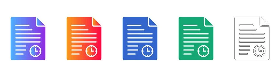 Document File With Clock Time Icon Set Stock Illustration