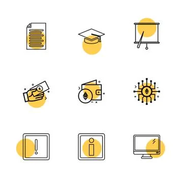 Document , file , convocation cap , board , chart , monitor , ic,  wallet , m Stock Illustration