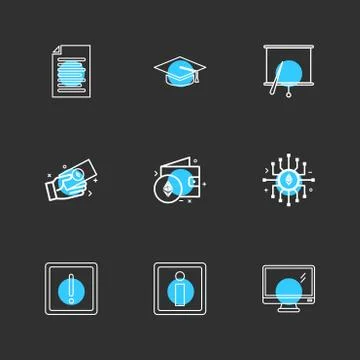 Document , file , convocation cap , board , chart , monitor , ic,  wallet , m Stock Illustration