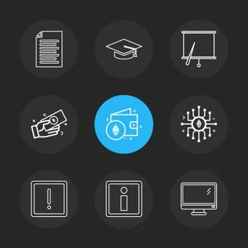 Document , file , convocation cap , board , chart , monitor , ic,  wallet , m Stock Illustration