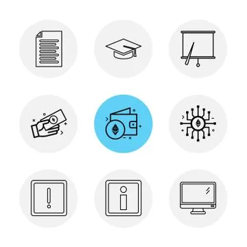 Document , file , convocation cap , board , chart , monitor , ic,  wallet , m Stock Illustration