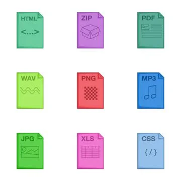 Document file format icons set, cartoon style Illustrazione stock