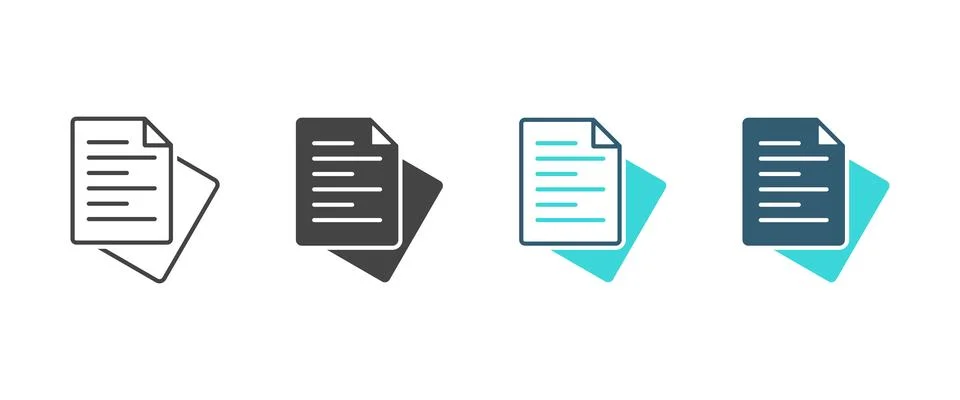 Document file icon set with folded corner page in outline, solid. Stock Illustration