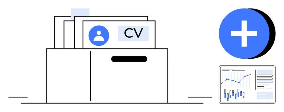 Document files organized in a drawer, a blue plus icon indicating adding new  스톡 일러스트