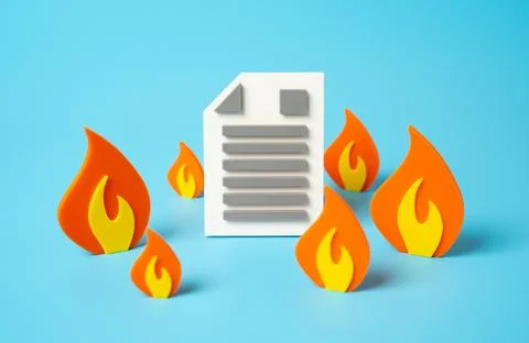 Document on fire. Bureaucracy and obstacles in crisis situations. Destruction Stock Photos