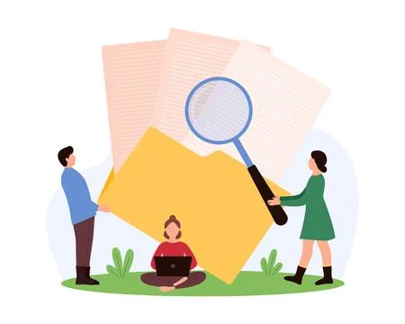 Document flow and digital project organization of tiny people with magnifying Illustrazione stock