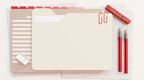 Document folder and office supplies such as red pencil, paper clip placed on  Stock Illustration
