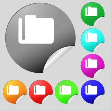 Document folder icon sign. Set of eight multi-colored round buttons, stickers. Stock Illustration