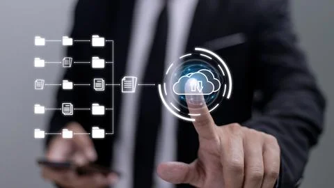 Document in folder to manage a hybrid cloud system and download or upload d.. 库存照片