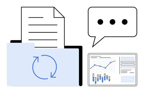 Document in a folder with refresh symbol, data analysis chart, and speech bub Stock Illustration
