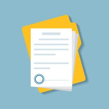 Document, folder with stamp and text icon in flat style. White papers vecto.. Stock Illustration