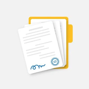 Document, folder with stamp and text icon in flat style. White papers vecto.. Stock Illustration