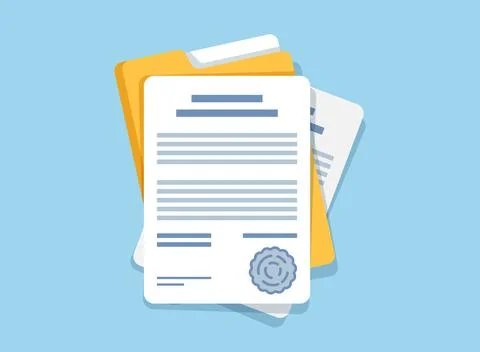 Document, folder with stamp and text icon in flat style. White papers vecto.. Stock Illustration