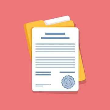 Document, folder with stamp and text icon in flat style. White papers vecto.. Stock Illustration