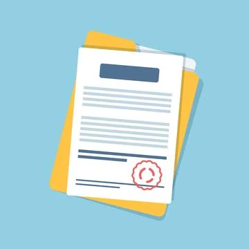 Document, folder with stamp and text icon in flat style. White papers vecto.. Stock Illustration