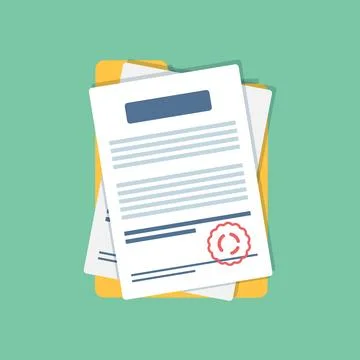 Document, folder with stamp and text icon in flat style. White papers vecto.. Stock Illustration
