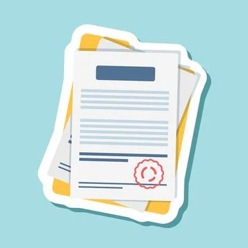 Document, folder with stamp and text sticker icon in flat style. White pape.. Illustrazione stock