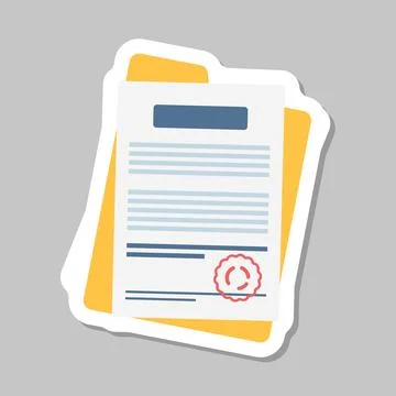 Document, folder with stamp and text sticker icon in flat style. White pape.. Stock Illustration