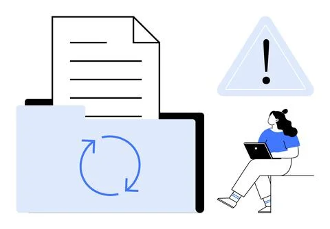 Document in folder with synchronization icon, attention triangle, and person  Stock Illustration