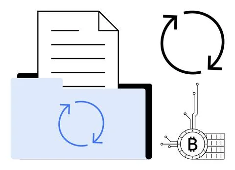 Document in a folder with two recycling arrows representing data exchange, bl Illustrazione stock