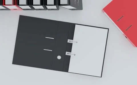 Document folders standing on white desk in office loft with copy space and empty Illustrazione stock