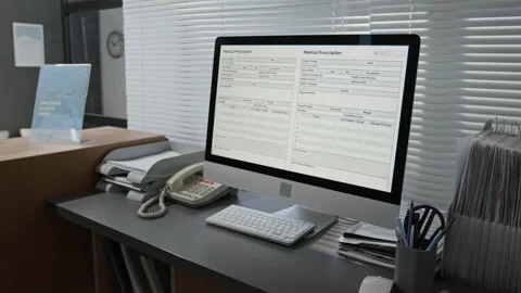 Document Form on Computer Screen at Reception Desk in Modern Hospital Stock Footage 332664652