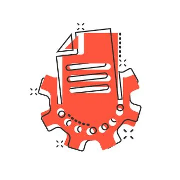 Document with gear icon in comic style. Big data processing cartoon vector il Stock Illustration