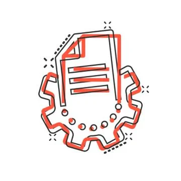 Document with gear icon in comic style. Big data processing cartoon vector il Stock Illustration